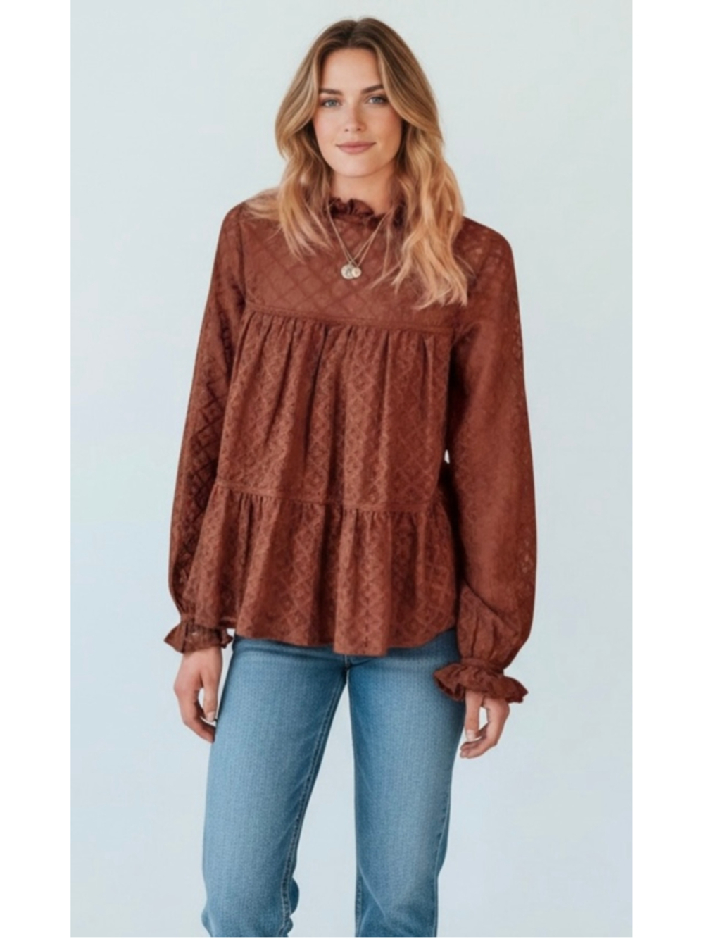 Sezane Gabbie Lace Tiered Ruffle
Blouse Top Brown Boho Cottagecore Size 36/SMALL